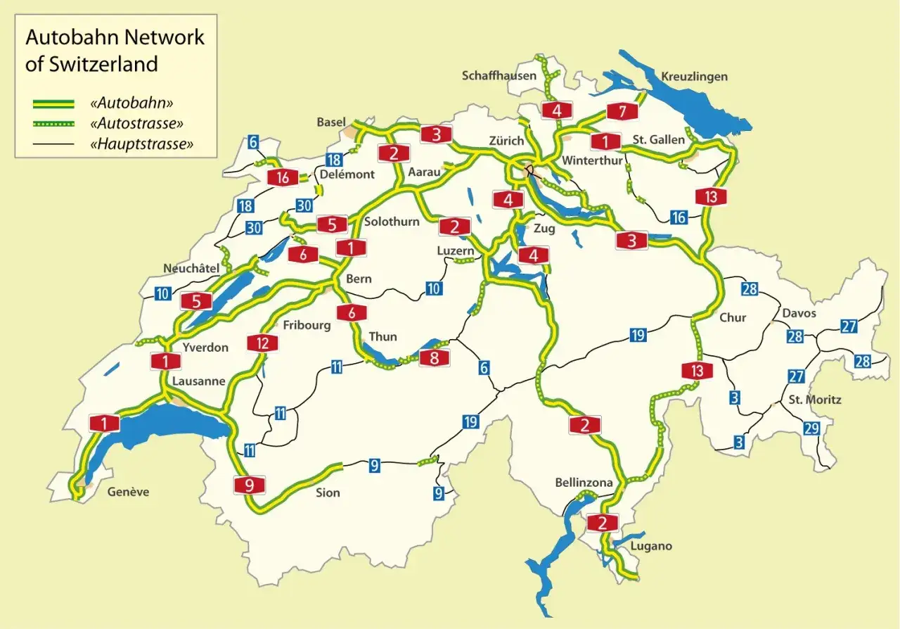 Mapa sieci autostrad Szwajcarii. Planujesz przejazd przez Szwajcarię? Zobacz, jak połączyć główne miasta: Genewę, Lozannę, Berno, Zurych, Bazyleę, St. Gallen i Lugano.