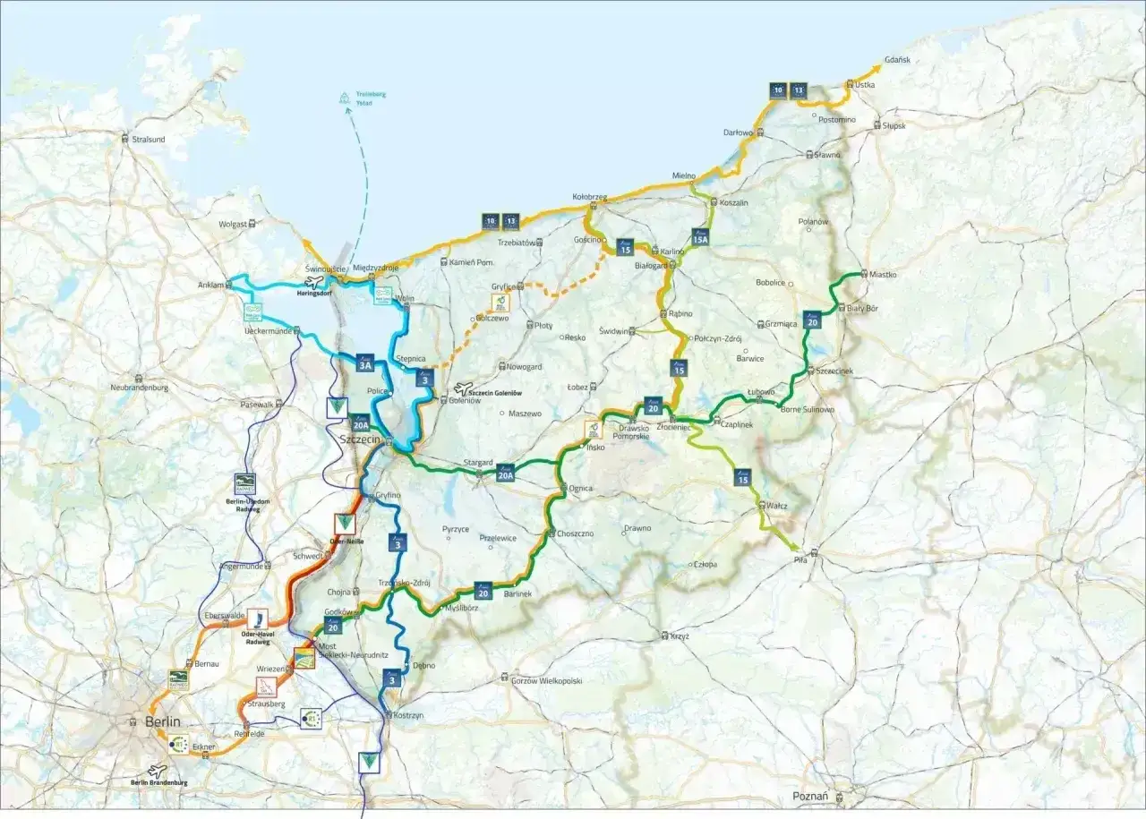 Mapa tras rowerowych z Berlina i okolic do Mielna. Najszybsza trasa do Mielna prowadzi przez Szczecin i Kołobrzeg.