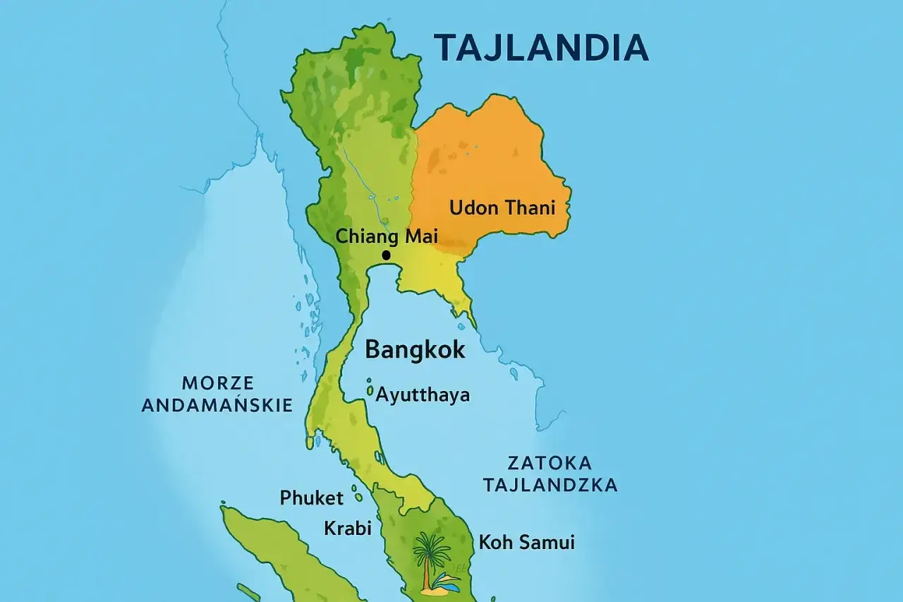 Mapa Tajlandii z zaznaczonymi miastami i regionami. Widoczne Morze Andamańskie, Zatoka Tajlandzka, Phuket, Krabi i wyspy w Tajlandii.