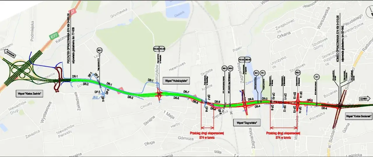 Mapa drogowa z zaznaczonymi węzłami i przebiegiem drogi S74, wskazująca najszybsza trasa do Kielc.