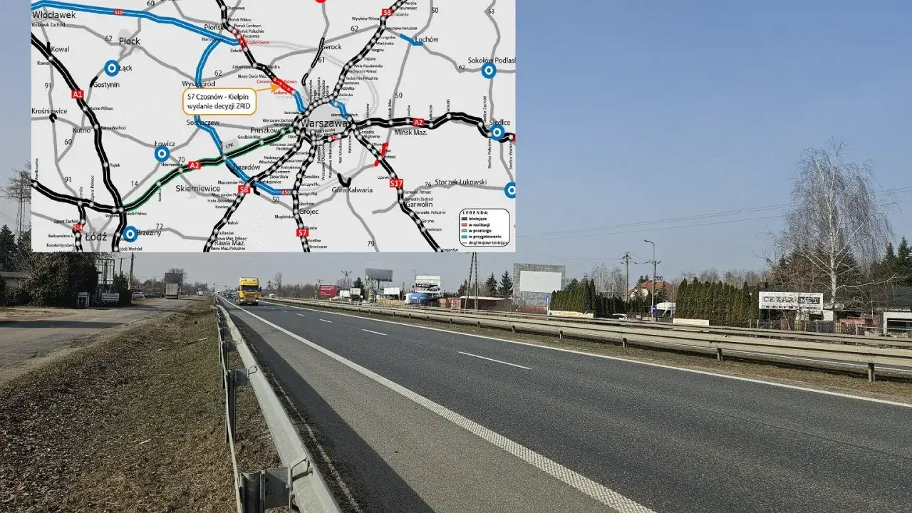 Budowa dróg w Polsce: nowoczesna autostrada z ciężarówką i mapą inwestycji drogowych w tle.