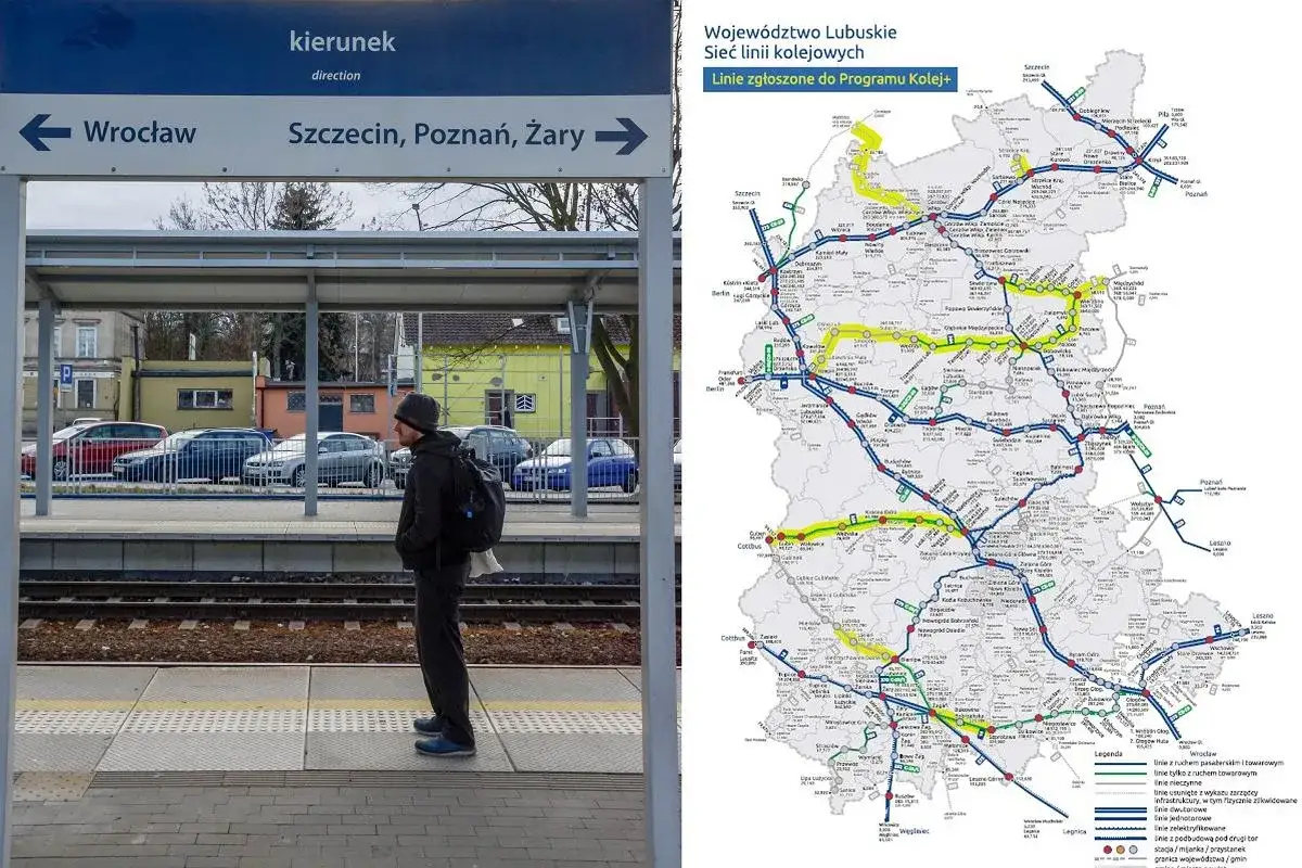Mężczyzna na peronie czeka na pociąg do Wrocławia, Szczecina, Poznania lub Żar. Obok mapa kolejowa województwa lubuskiego.