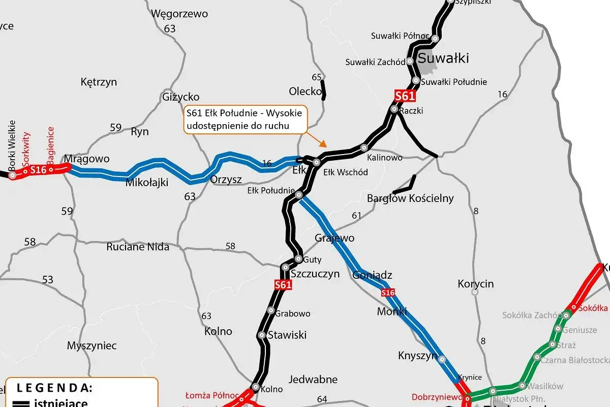 Mapa dróg z zaznaczoną trasą S61, łączącą Mrągowo z Suwałkami i dalej na południe. Widoczne są inne drogi krajowe i miejscowości.