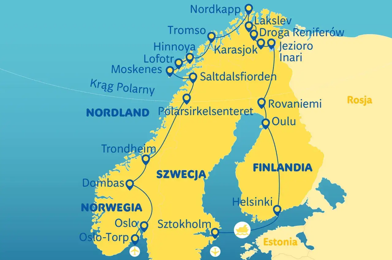 Mapa trasy wycieczki po Lofoach i Skandynawii, obejmująca Nordkapp, Tromso, Rovaniemi i Sztokholm.