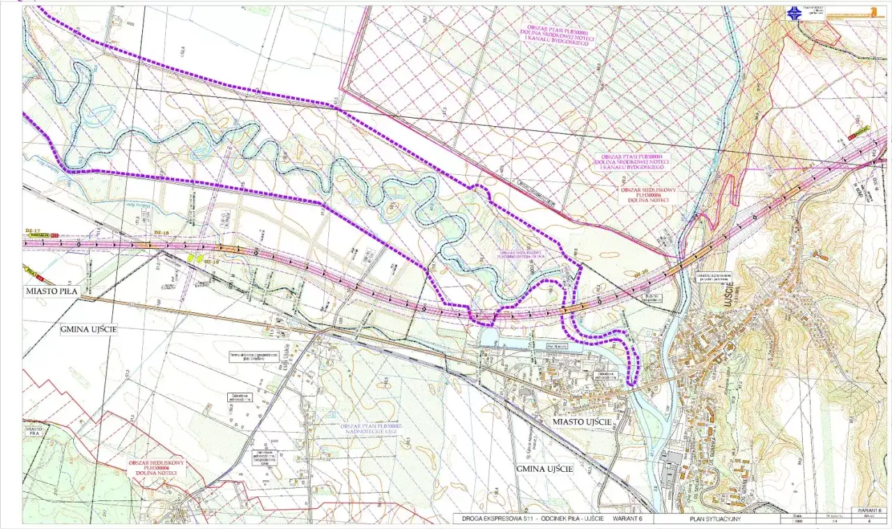Mapa sytuacyjna drogi ekspresowej S11, odcinek Piła-Ujście. Widoczna meandrująca rzeka Noteć, obszary chronione i zabudowa miejska.