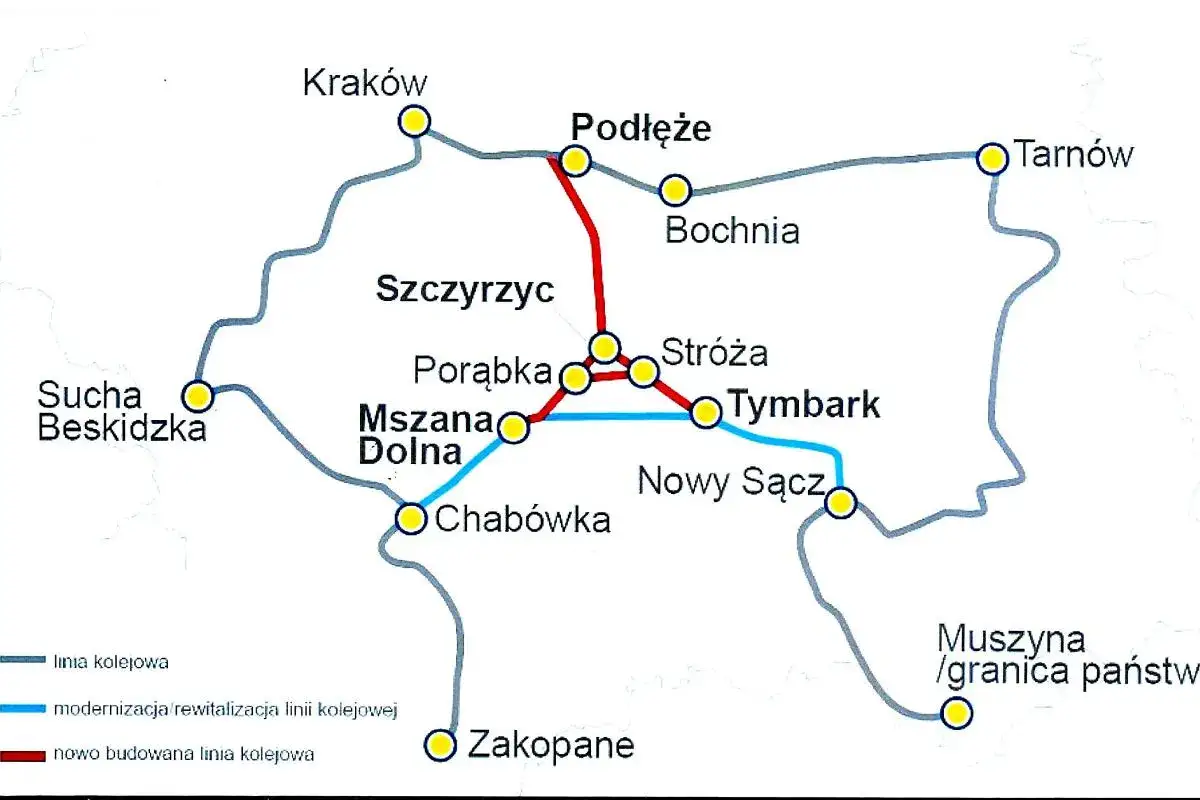 Mapa kolejowa pokazuje połączenia między Krakowem a innymi miastami, w tym Szczyrzycem. Odległość Wrocław Kraków jest tu nieznana, ale widać linie kolejowe.