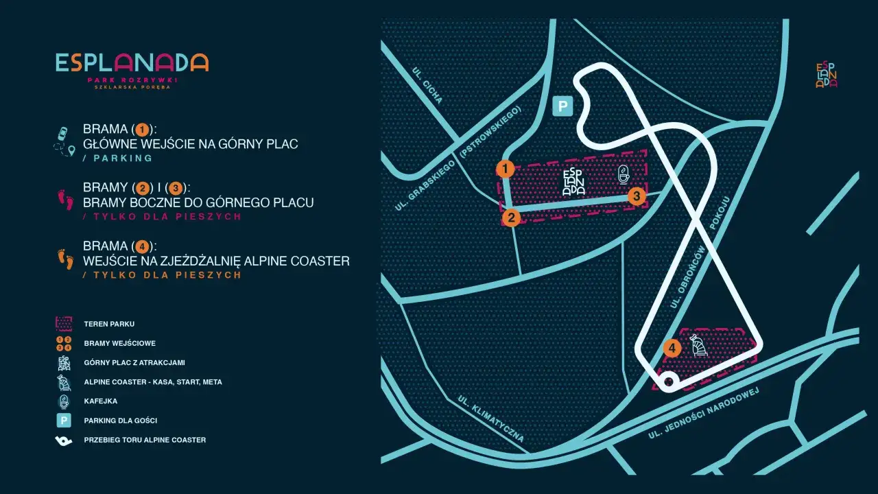 Mapa parku Esplanada w Szklarskiej Porębie. Pokazuje trasę dojazdu, parking, wejścia i atrakcje, w tym Alpine Coaster.