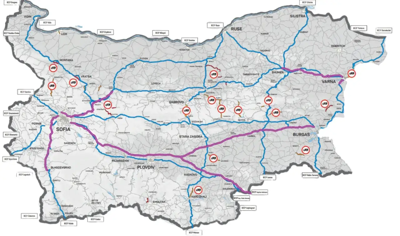 Mapa autostrad w Europie, pokazująca główne drogi i przejścia graniczne.
