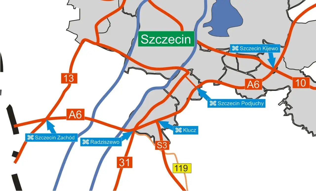 Mapa drogowa okolic Szczecina z zaznaczoną autostradą A6, drogami S3, 13, 31, 10 i 119.