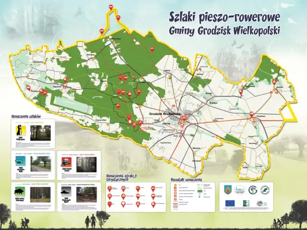 Mapa szlaków pieszo-rowerowych Gminy Grodzisk Wielkopolski. Obejmuje liczne trasy, w tym Szlak Pielgrzyma, Szlak Grodziska Pętla, Szlak Leśnej Zwierzyny i Szlak Kolejki Leśnej.