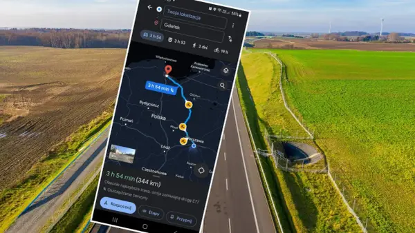 Trasa z Bydgoszczy do Łodzi na mapie Google, czas przejazdu 3h 54 min. W tle droga i krajobraz Polski.