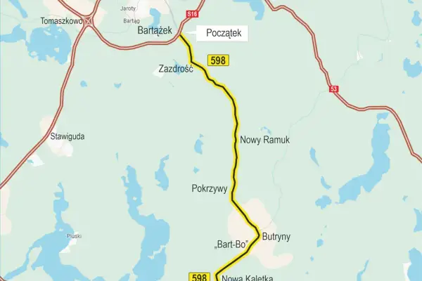 Mapa drogi 598 od Bartążka do Nowej Kaletki, wiodąca przez Zazdrość, Pokrzywy i Butryny. Trasa przebiega w pobliżu jezior, łącząc okolice Ełku i Olsztyna.