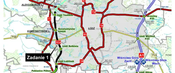 Mapa drogowa z zaznaczoną trasą przez Konstantynów Łódzki, Łódź i Brzeziny.