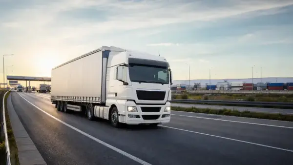 Biała ciężarówka jedzie autostradą w Holandii. W tle widać magazyny i kontenery.