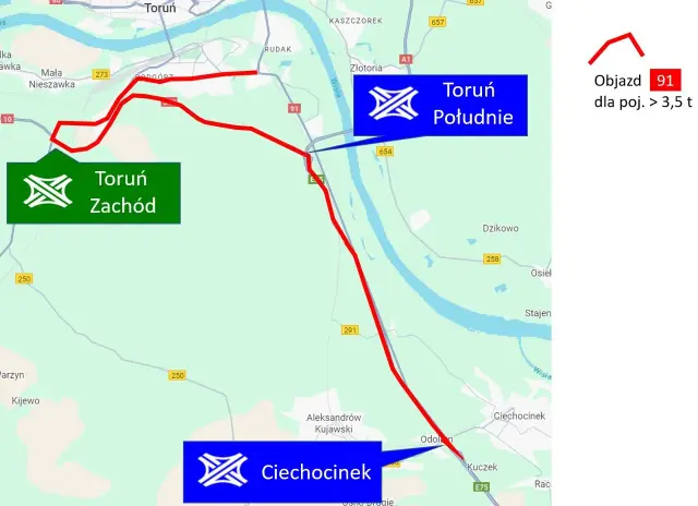Mapa pokazuje trasę objazdu z Torunia Zachód przez Toruń Południe do Ciechocinka.