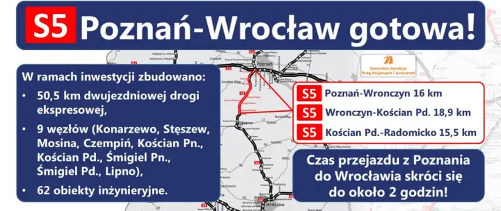 Mapa drogi S5 Poznań-Wrocław. Inwestycja obejmuje 50,5 km drogi ekspresowej, 9 węzłów i 62 obiekty inżynieryjne. Czas przejazdu skróci się do ok. 2 godzin.