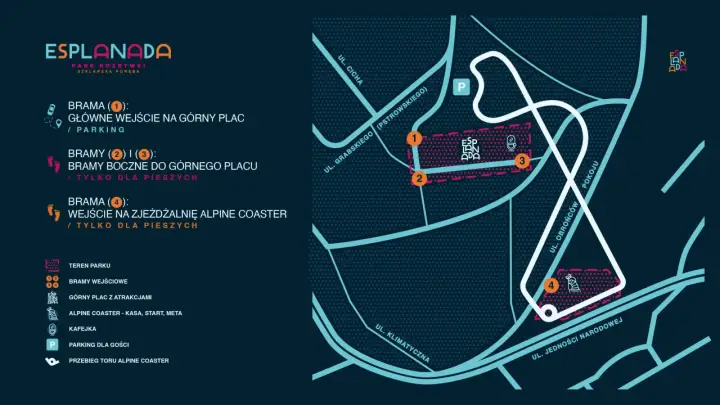 Mapa parku Esplanada w Szklarskiej Porębie. Wskazuje bramy wejściowe, parking, górny plac z atrakcjami i trasę Alpine Coaster.