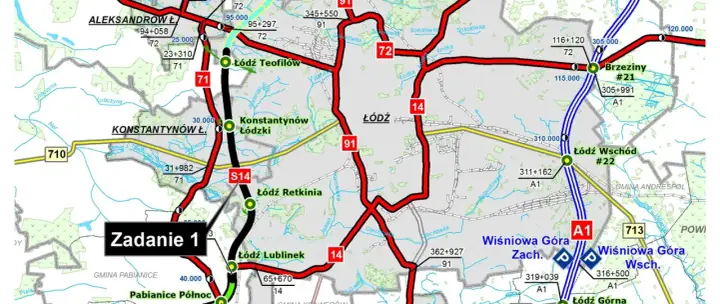 Mapa drogowa z zaznaczoną trasą przez Konstantynów Łódzki, Łódź i Brzeziny.