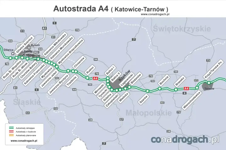 Mapa autostrady A4 od Katowic do Tarnowa, z zaznaczonymi miastami i węzłami.