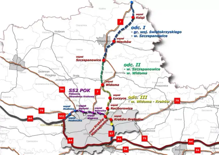Mapa drogowa z zaznaczonymi odcinkami S52 i S7, pokazująca najszybsza trasa do Krakowa.
