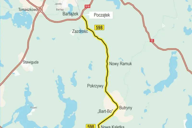 Mapa drogi 598 od Bartążka do Nowej Kaletki, wiodąca przez Zazdrość, Pokrzywy i Butryny. Trasa przebiega w pobliżu jezior, łącząc okolice Ełku i Olsztyna.