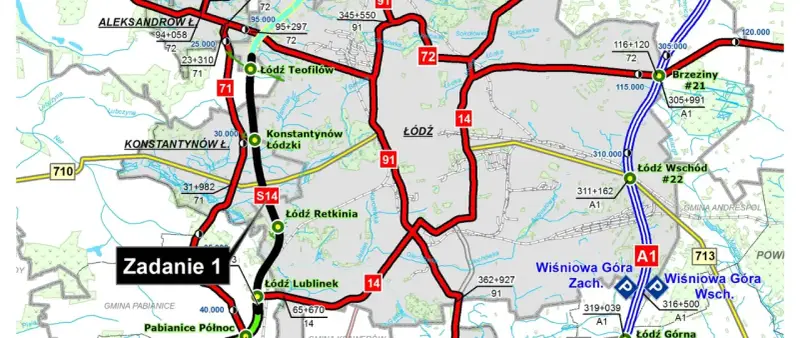 Mapa drogowa z zaznaczoną trasą przez Konstantynów Łódzki, Łódź i Brzeziny.