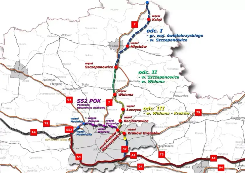 Mapa drogowa z zaznaczonymi odcinkami S52 i S7, pokazująca najszybsza trasa do Krakowa.